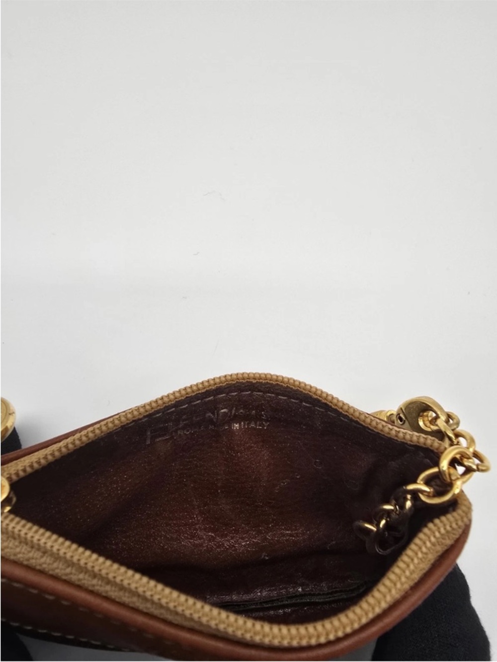Fendi Pequín Brown Leather Trim Striped Canvas Coin Keys Pouch w/ Gold Hardware - Picture 6 of 11